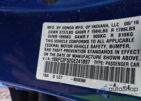 2016 Honda Civic Lx из США, поврежденный, VIN 19XFC2F52GE241897